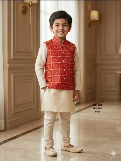 Boys Red Printed Ethnic Nehru Jacket Kurta Set